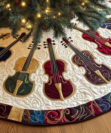 White Tree Skirt With Jewel-Tone Cello Artwork — Custom Handmade Christmas Décor For Cellists & Music Fans