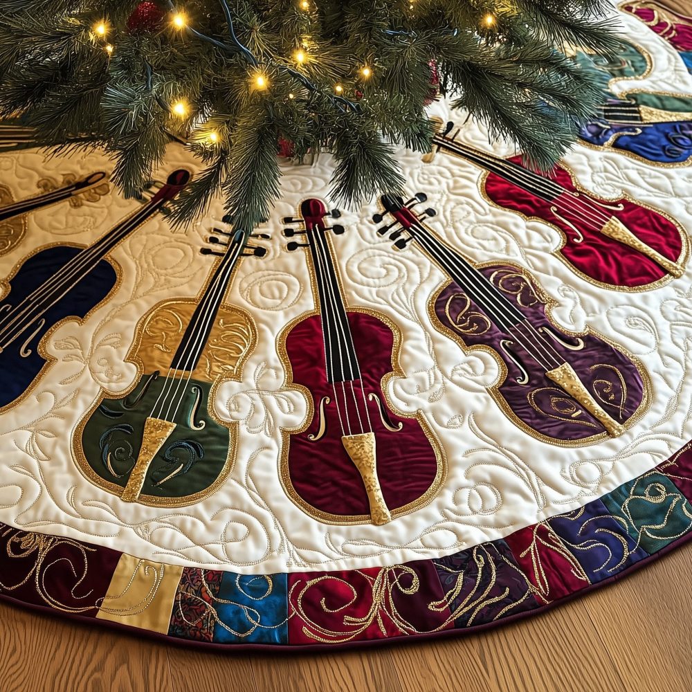 White Tree Skirt With Jewel-Tone Cello Artwork — Custom Handmade Christmas Décor For Cellists & Music Fans
