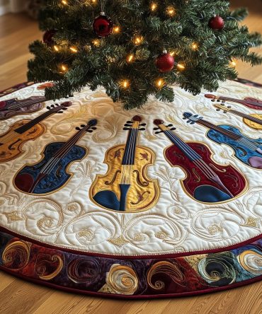 Ruby-Edged Holiday Tree Skirt With Elegant Violin Pattern — Custom Handmade Christmas Accent For Musicians