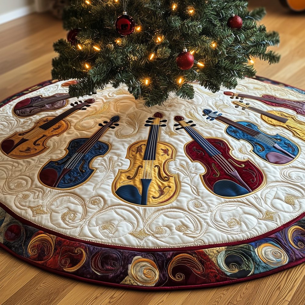 Ruby-Edged Holiday Tree Skirt With Elegant Violin Pattern — Custom Handmade Christmas Accent For Musicians