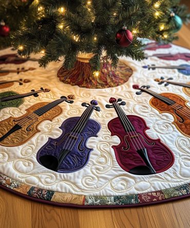 Handmade Cream Tree Skirt With Purple & Wine Violin Motifs — Custom Christmas Decor For Music Lovers