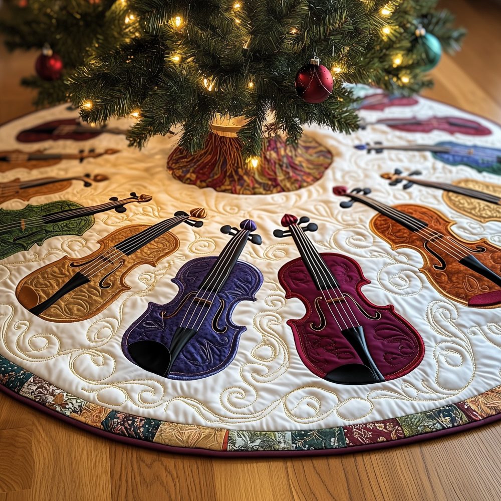 Handmade Cream Tree Skirt With Purple & Wine Violin Motifs — Custom Christmas Decor For Music Lovers