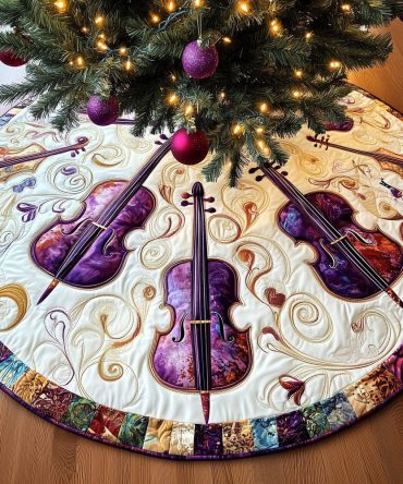 Plum & Amber Cello Christmas Tree Skirt — Rich Two-Tone Handcrafted Holiday Skirt With Elegant Instrument Motifs, Made To Order
