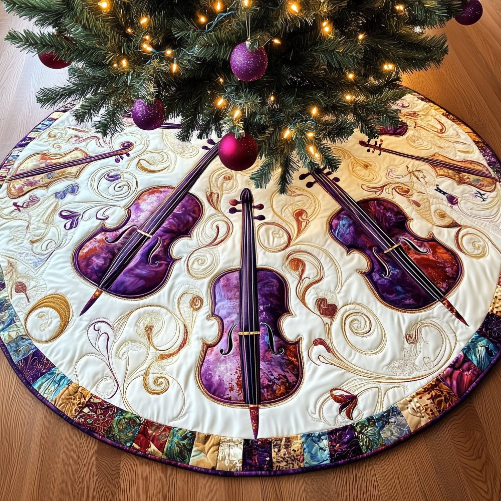 Plum & Amber Cello Christmas Tree Skirt — Rich Two-Tone Handcrafted Holiday Skirt With Elegant Instrument Motifs, Made To Order