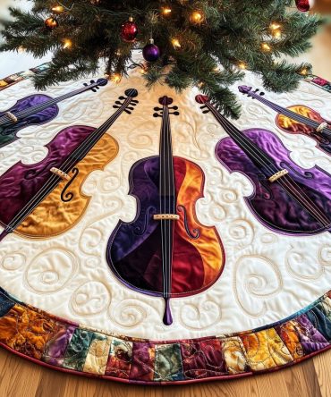 Patch-Rim Christmas Tree Skirt Showcasing A Cello Trio — Handcrafted Custom Holiday Skirt For Ensemble And Orchestra Fans, Made To Order