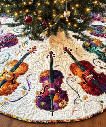 Jewel-Tone Painted Cello Christmas Tree Skirt — Vibrant Hand-Painted Instrument Motif, Custom Handmade Holiday Skirt, Made To Order