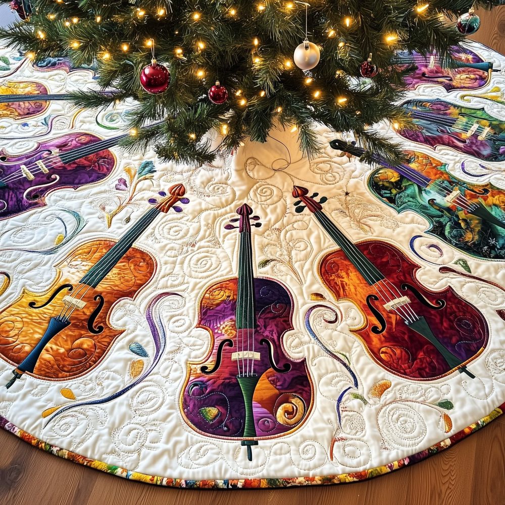 Jewel-Tone Painted Cello Christmas Tree Skirt — Vibrant Hand-Painted Instrument Motif, Custom Handmade Holiday Skirt, Made To Order