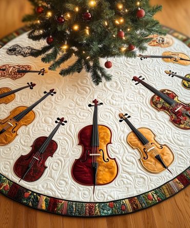 Snow-White Christmas Tree Skirt With Cello Wheel Design — Premium Handcrafted Holiday Skirt, Custom Made To Order For Musicians
