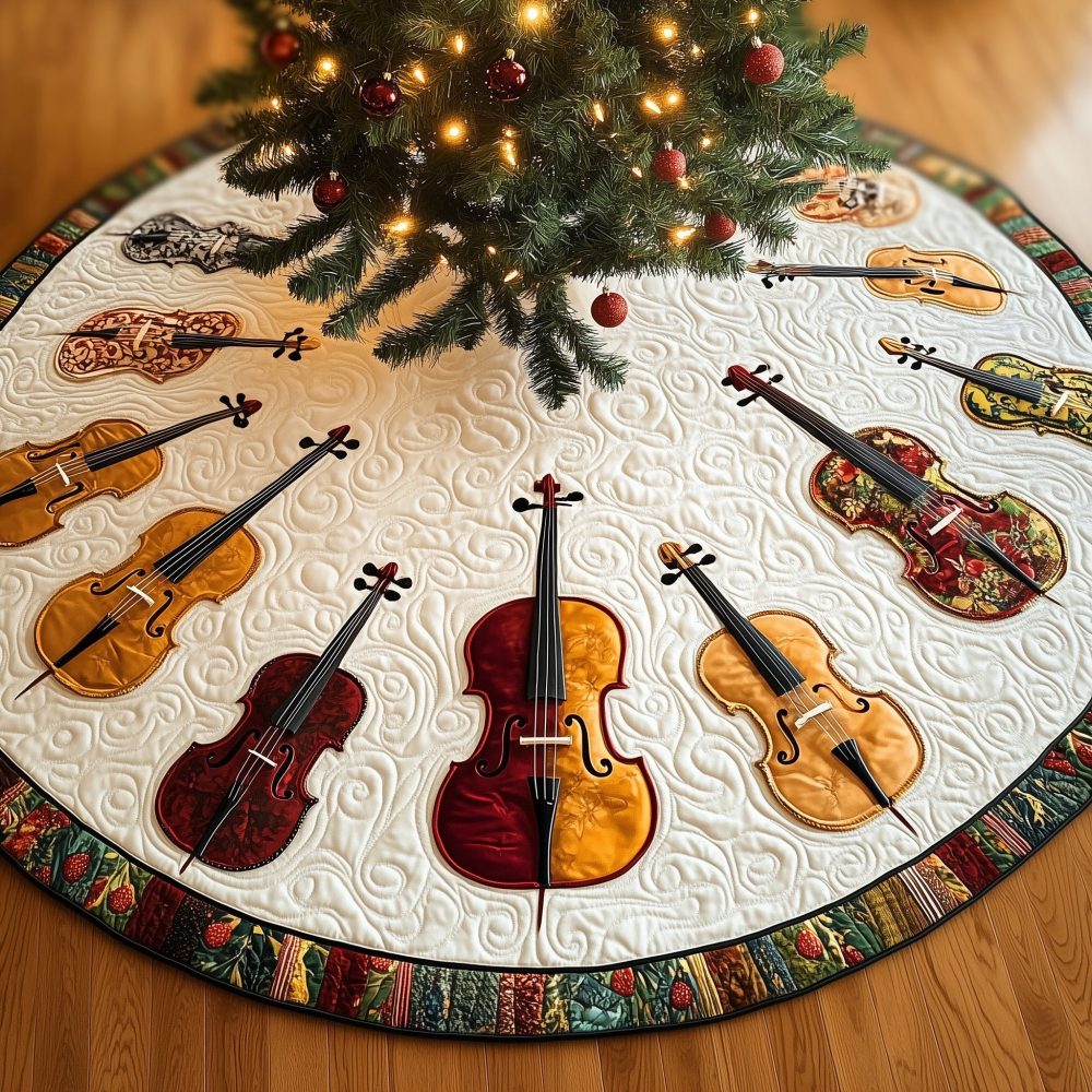 Snow-White Christmas Tree Skirt With Cello Wheel Design — Premium Handcrafted Holiday Skirt, Custom Made To Order For Musicians