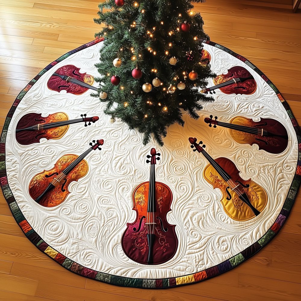 Patch-Border Cello Circle Christmas Tree Skirt — Custom Handcrafted Musical Holiday Skirt With Distinctive Patch Rim, Made To Order