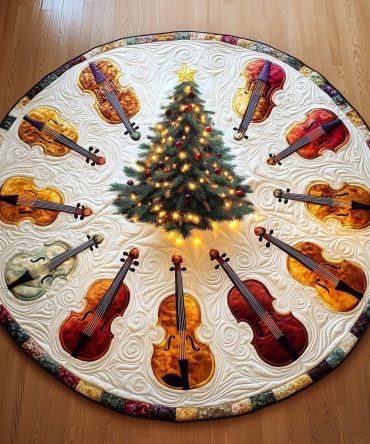 Round Cello Wreath Christmas Tree Skirt — Handcrafted Encircling Instrument Design, Custom Made To Order For Music Enthusiasts
