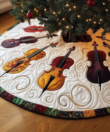 Evergreen-Hem Christmas Tree Skirt With Graceful Cello Silhouettes — Handcrafted Custom Holiday Skirt, Made To Order