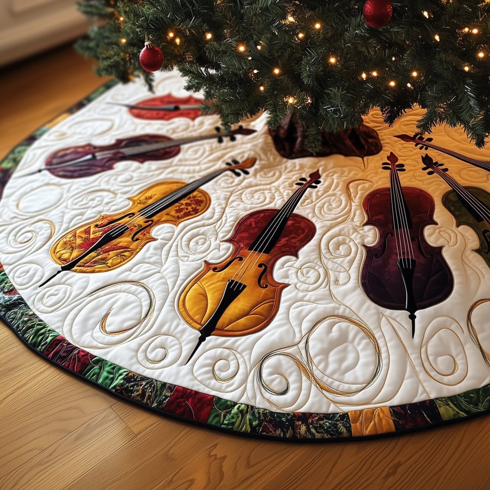 Evergreen-Hem Christmas Tree Skirt With Graceful Cello Silhouettes — Handcrafted Custom Holiday Skirt, Made To Order