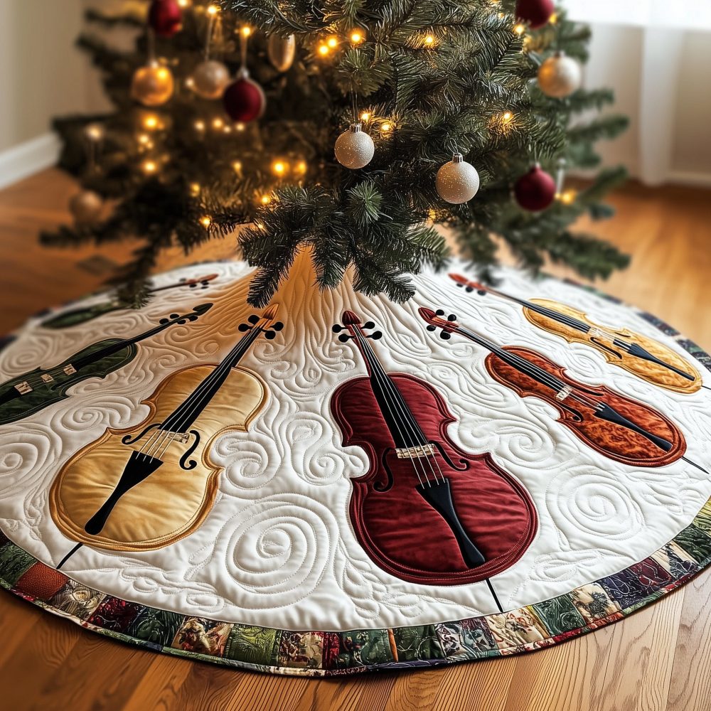 Pine-Border Christmas Tree Skirt With Stylized Cello Fan — Custom Handmade Holiday Skirt For Music Lovers, Made To Order