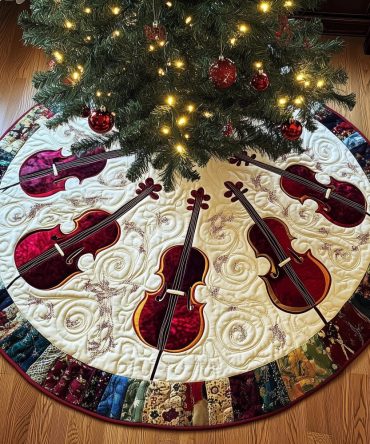 Ruby Cellos On Patch Ring Holiday Tree Skirt — Made-To-Order Christmas Skirt With Musical Motif And Rich Ruby Accents For Elegant Celebrations