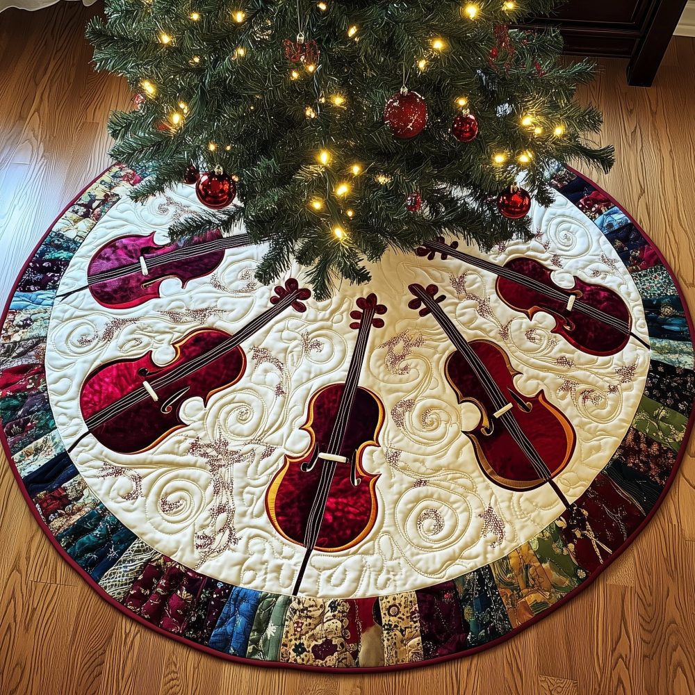 Ruby Cellos On Patch Ring Holiday Tree Skirt — Made-To-Order Christmas Skirt With Musical Motif And Rich Ruby Accents For Elegant Celebrations