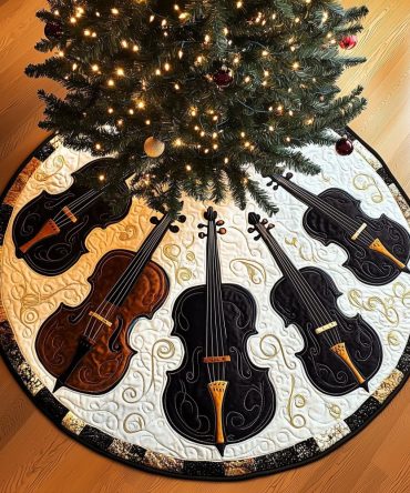 Custom Ivory Christmas Tree Skirt With Elegant Ebony Cello Motifs — Handcrafted Holiday Musician Decor, Made To Order