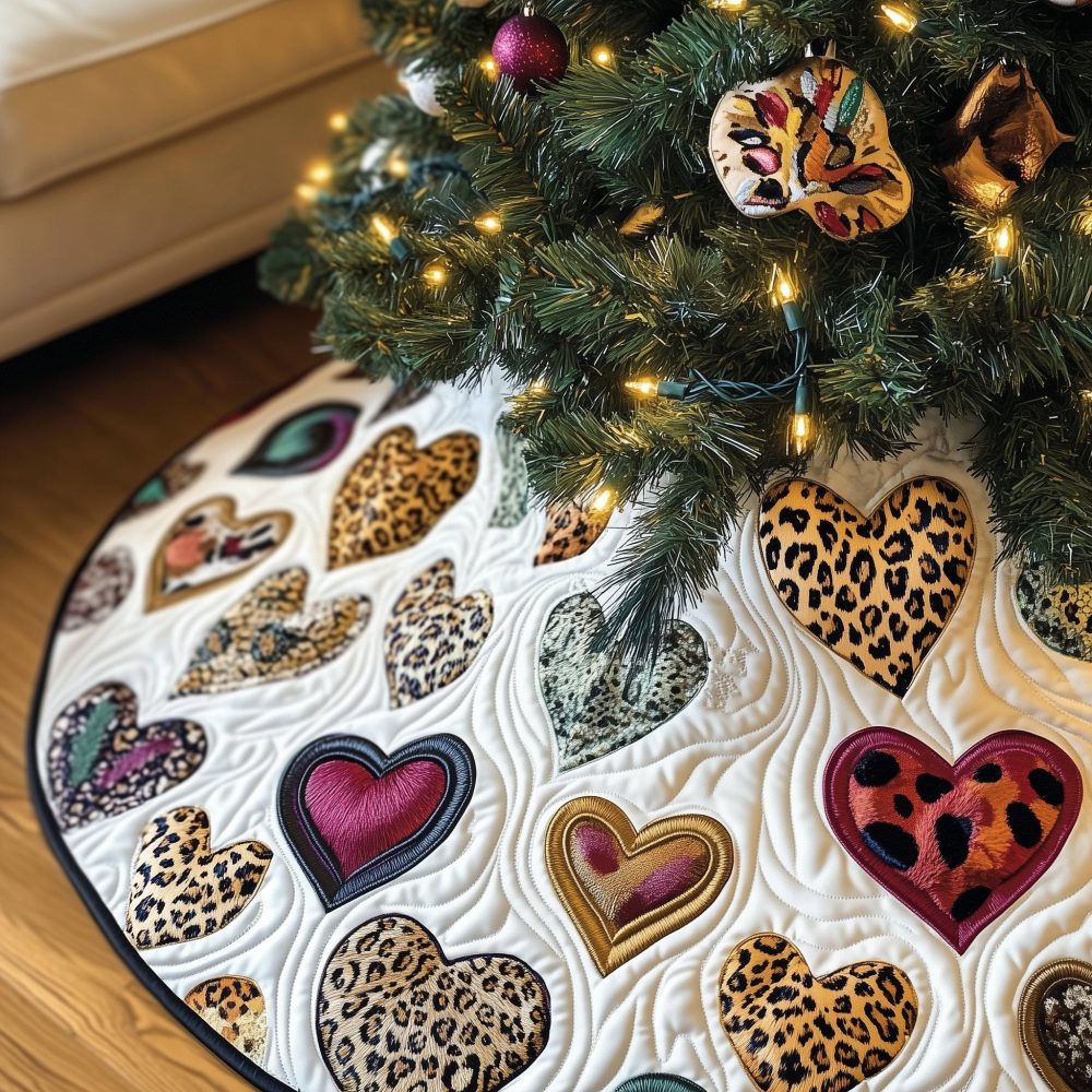 Pink & Gold Leopard Heart Christmas Tree Skirt - Handcrafted Holiday Skirt With Metallic Accents, Custom-Made For Luxe Decor