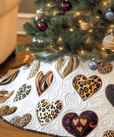 Tan Leopard Heart Christmas Tree Skirt - Handcrafted White Holiday Skirt With Neutral Animal Print Hearts, Custom-Made