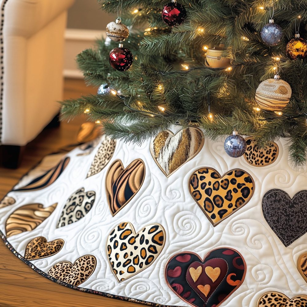 Tan Leopard Heart Christmas Tree Skirt - Handcrafted White Holiday Skirt With Neutral Animal Print Hearts, Custom-Made
