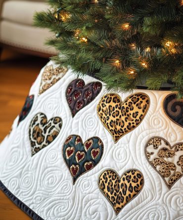 Burgundy & Leopard Heart Christmas Tree Skirt - Handcrafted White Holiday Skirt With Luxe Hearts, Custom-Made For Elegant Homes