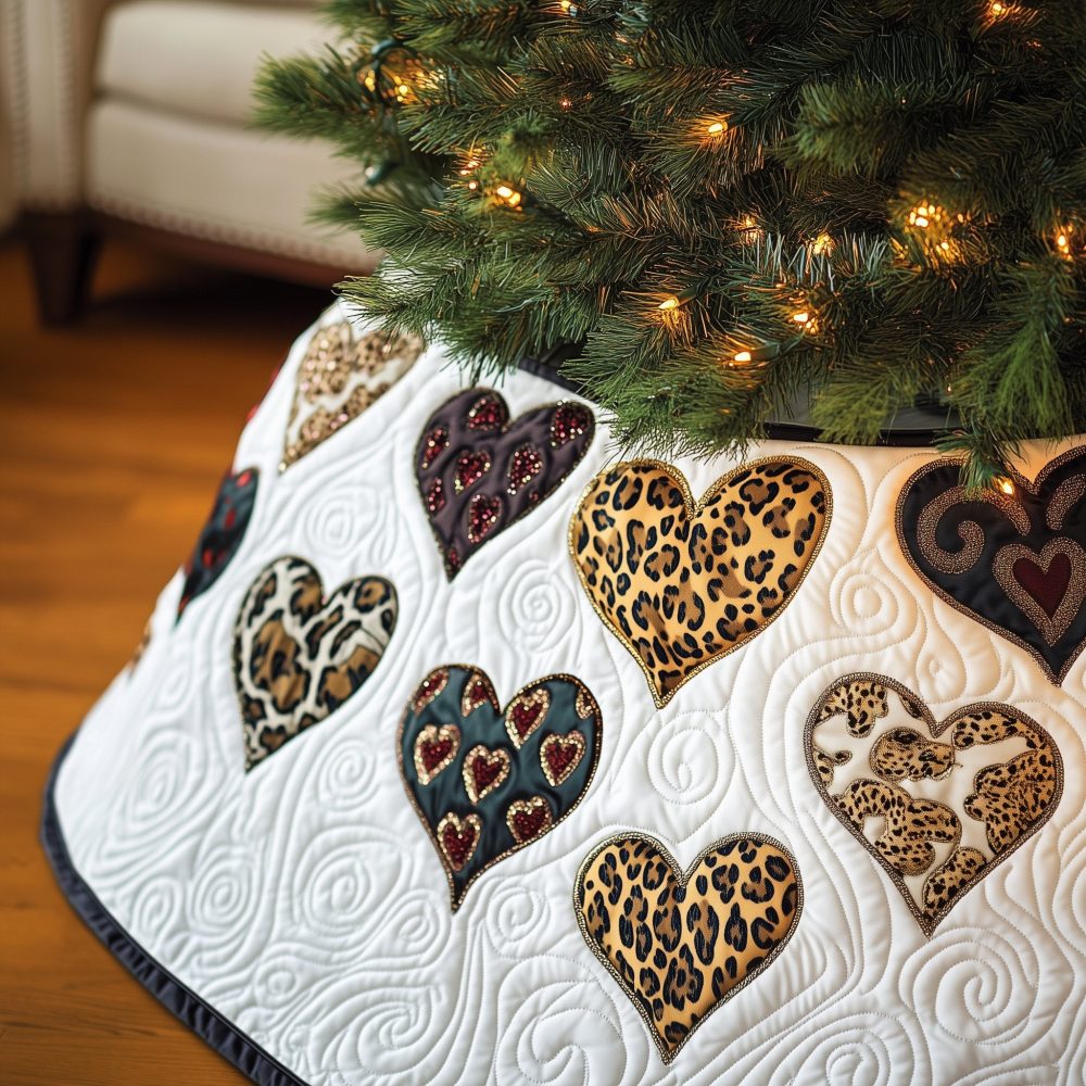 Burgundy & Leopard Heart Christmas Tree Skirt - Handcrafted White Holiday Skirt With Luxe Hearts, Custom-Made For Elegant Homes