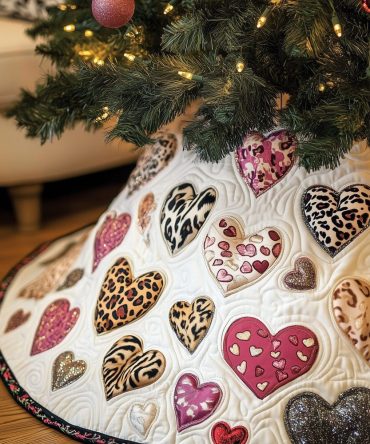 Sweet Pink & Leopard Heart Christmas Tree Skirt - Handcrafted White Holiday Skirt With Cute Prints, Custom-Made Gift-Ready