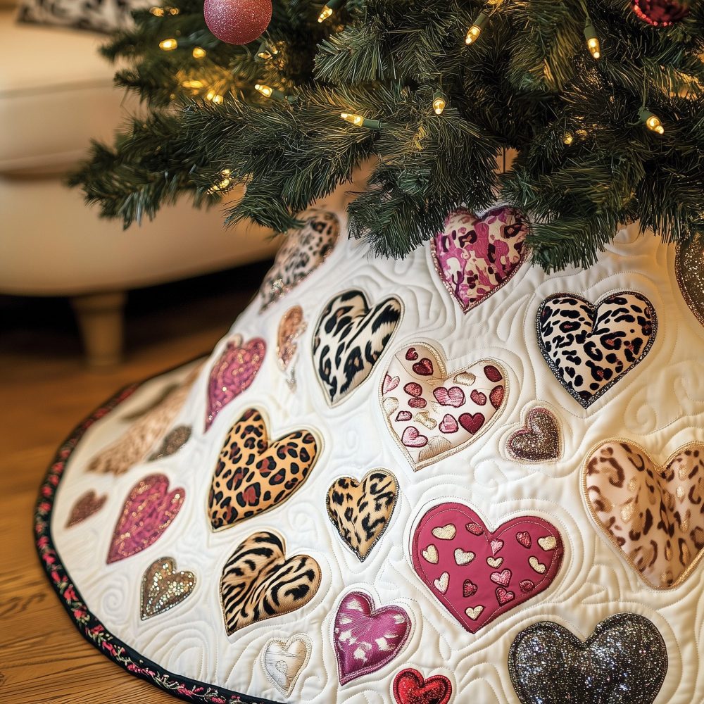 Sweet Pink & Leopard Heart Christmas Tree Skirt - Handcrafted White Holiday Skirt With Cute Prints, Custom-Made Gift-Ready