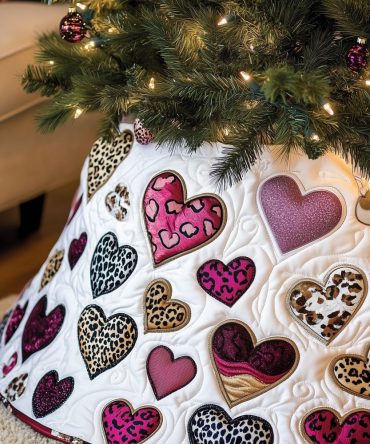 Magenta & Leopard Heart Christmas Tree Skirt - Handcrafted White Holiday Skirt With Bold Hearts, Custom-Made For Trendy Decor