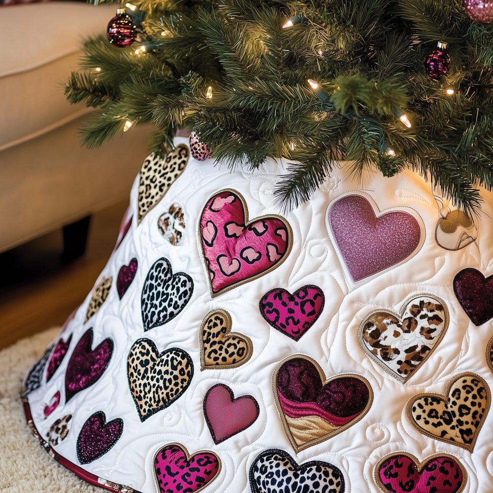 Magenta & Leopard Heart Christmas Tree Skirt - Handcrafted White Holiday Skirt With Bold Hearts, Custom-Made For Trendy Decor