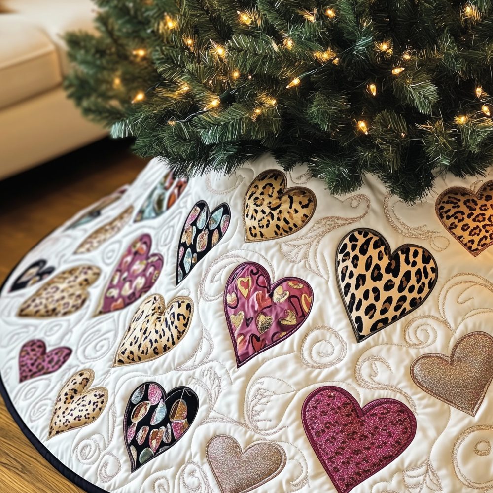 Rose & Leopard Heart Scatter Christmas Tree Skirt - Handcrafted Floral And Animal Print Holiday Skirt, Custom Orders