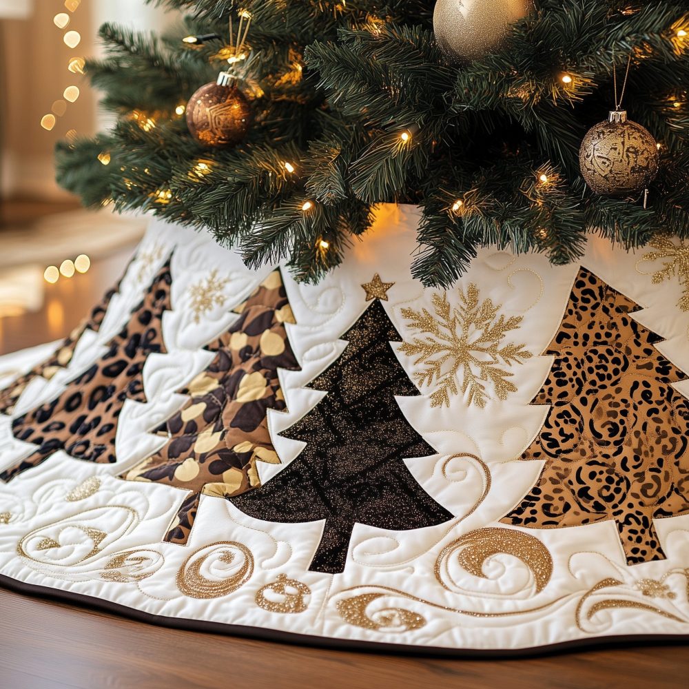 Ivory Tree Skirt With Leopard Print Trees — Custom Made Christmas Skirt, Sophisticated Animal Print Base For Stylish Holiday Decor