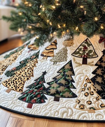 Leopard And Pine Trees Ring Holiday Skirt — Custom Made Christmas Tree Skirt With Bold Animal Print And Classic Evergreen Motifs