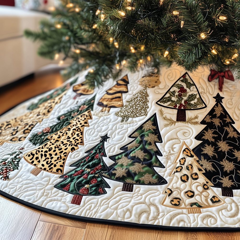 Leopard And Pine Trees Ring Holiday Skirt — Custom Made Christmas Tree Skirt With Bold Animal Print And Classic Evergreen Motifs