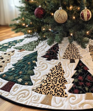 Leopard Trees With Emerald Pines Custom Christmas Skirt — Made-To-Order Holiday Tree Skirt Blending Animal Print With Rich Emerald Accents