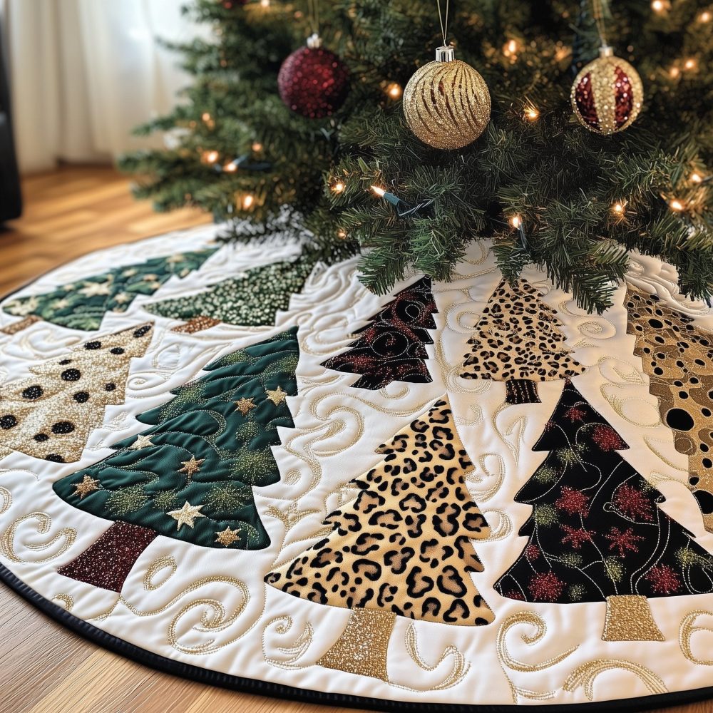 Leopard Trees With Emerald Pines Custom Christmas Skirt — Made-To-Order Holiday Tree Skirt Blending Animal Print With Rich Emerald Accents