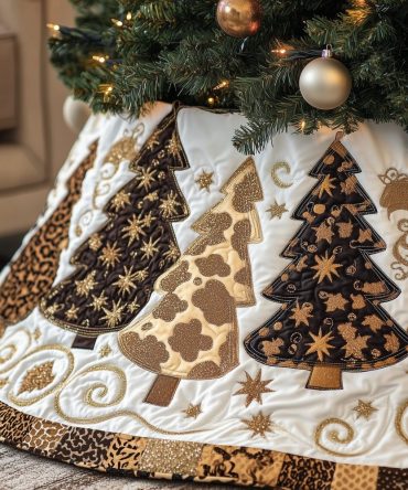 Gold Leopard Trees On Cream Custom Christmas Tree Skirt — Elegant Made-To-Order Holiday Skirt With Subtle Animal Print And Metallic Accents