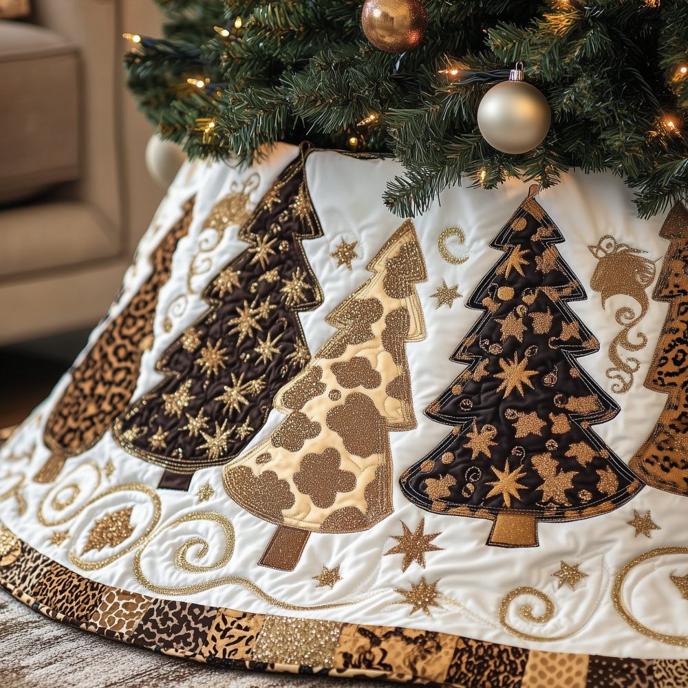 Gold Leopard Trees On Cream Custom Christmas Tree Skirt — Elegant Made-To-Order Holiday Skirt With Subtle Animal Print And Metallic Accents