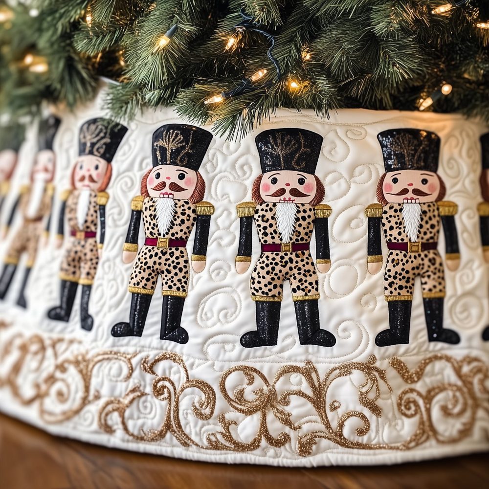 Leopard Coat Nutcrackers Custom Christmas Tree Skirt — Luxurious Made-To-Order Holiday Base With Bold Animal Print And Classic Charm