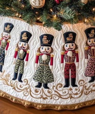Nutcrackers In Animal Print Coats Custom Christmas Tree Skirt — Playful Luxury, Made-To-Order Holiday Skirt For Statement Decor