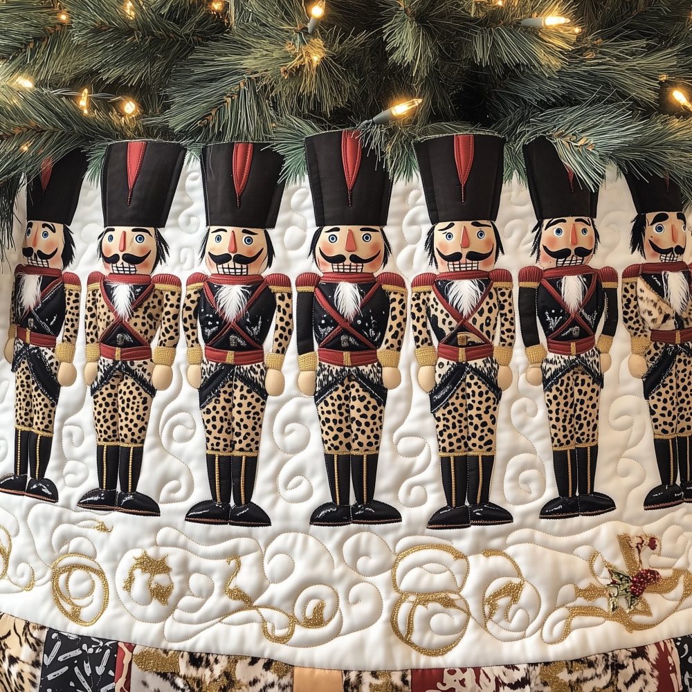 Leopard Nutcracker Regiment Holiday Tree Skirt — Custom Made Christmas Skirt With Chic Animal Print Soldiers, Luxury Seasonal Accent