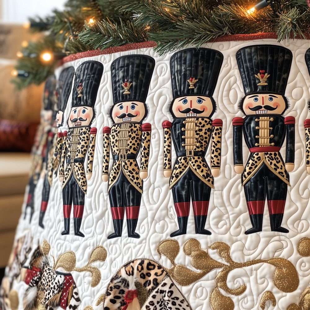Gold Scroll Tree Skirt With Leopard Guard Motif — Bold Custom Christmas Tree Skirt, Made-To-Order For Glamorous Holiday Styling