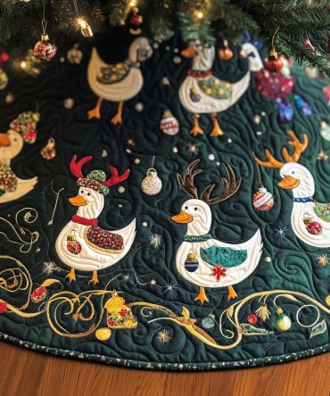 Emerald Tree Skirt With Geese In Santa Hats — Custom Holiday Tree Skirt, Made-To-Order For Festive, Family-Friendly Christmas Decor