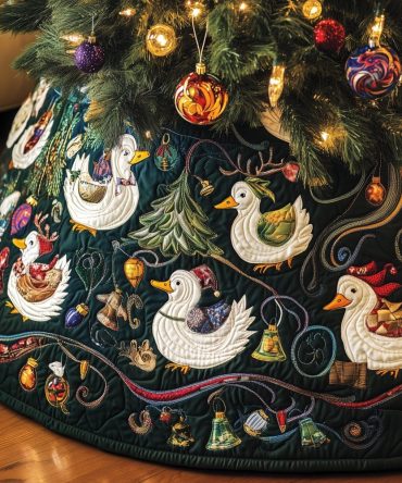 White Geese With Golden Ribbons Christmas Tree Skirt — Elegant Custom Made Holiday Skirt, Luxurious Accent For Classic Decor