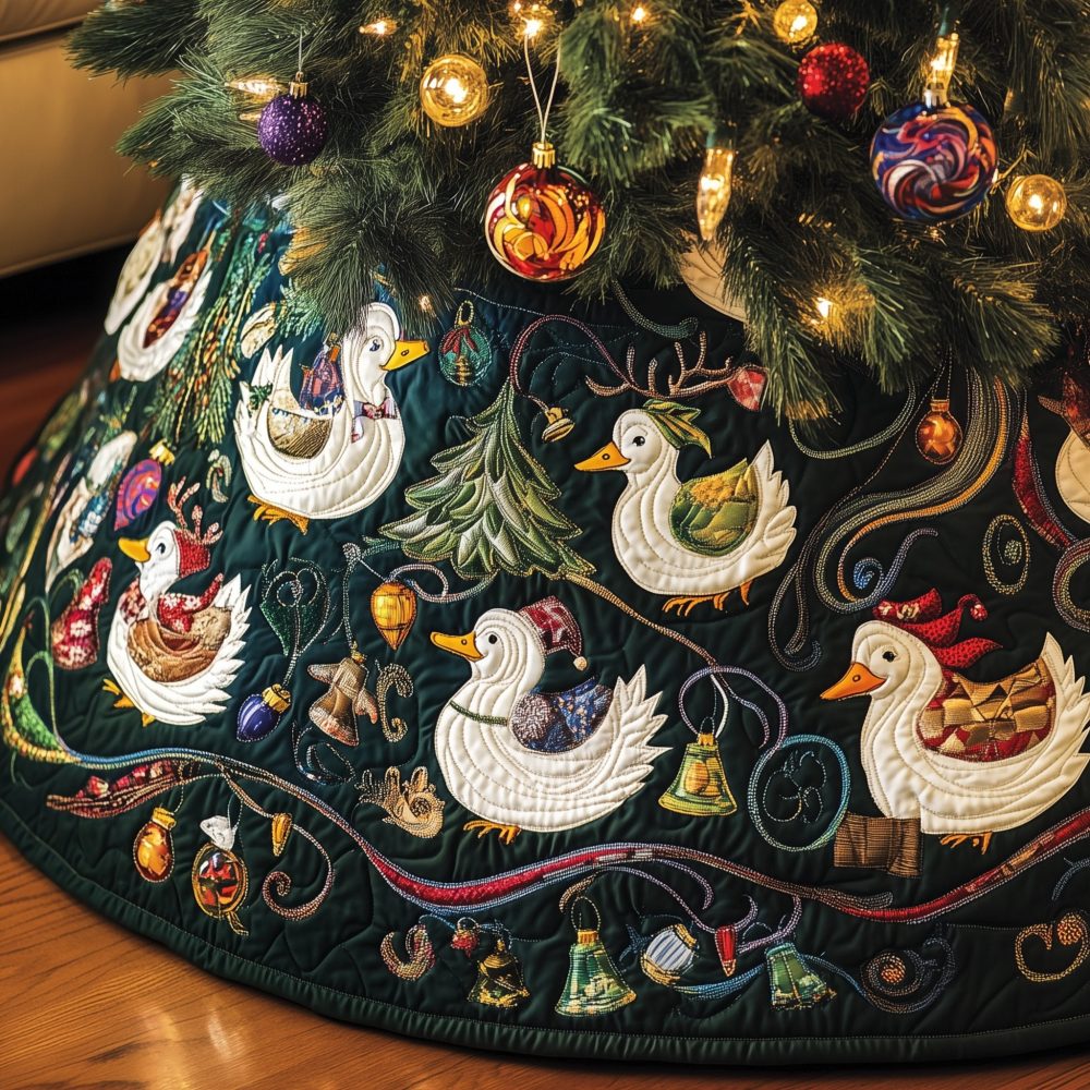 White Geese With Golden Ribbons Christmas Tree Skirt — Elegant Custom Made Holiday Skirt, Luxurious Accent For Classic Decor