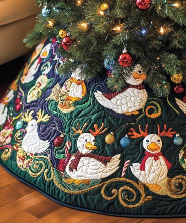 Midnight Geese In Antlers Holiday Tree Skirt — Custom Made Christmas Tree Skirt With Dark Backdrop And Whimsical Wildlife Design