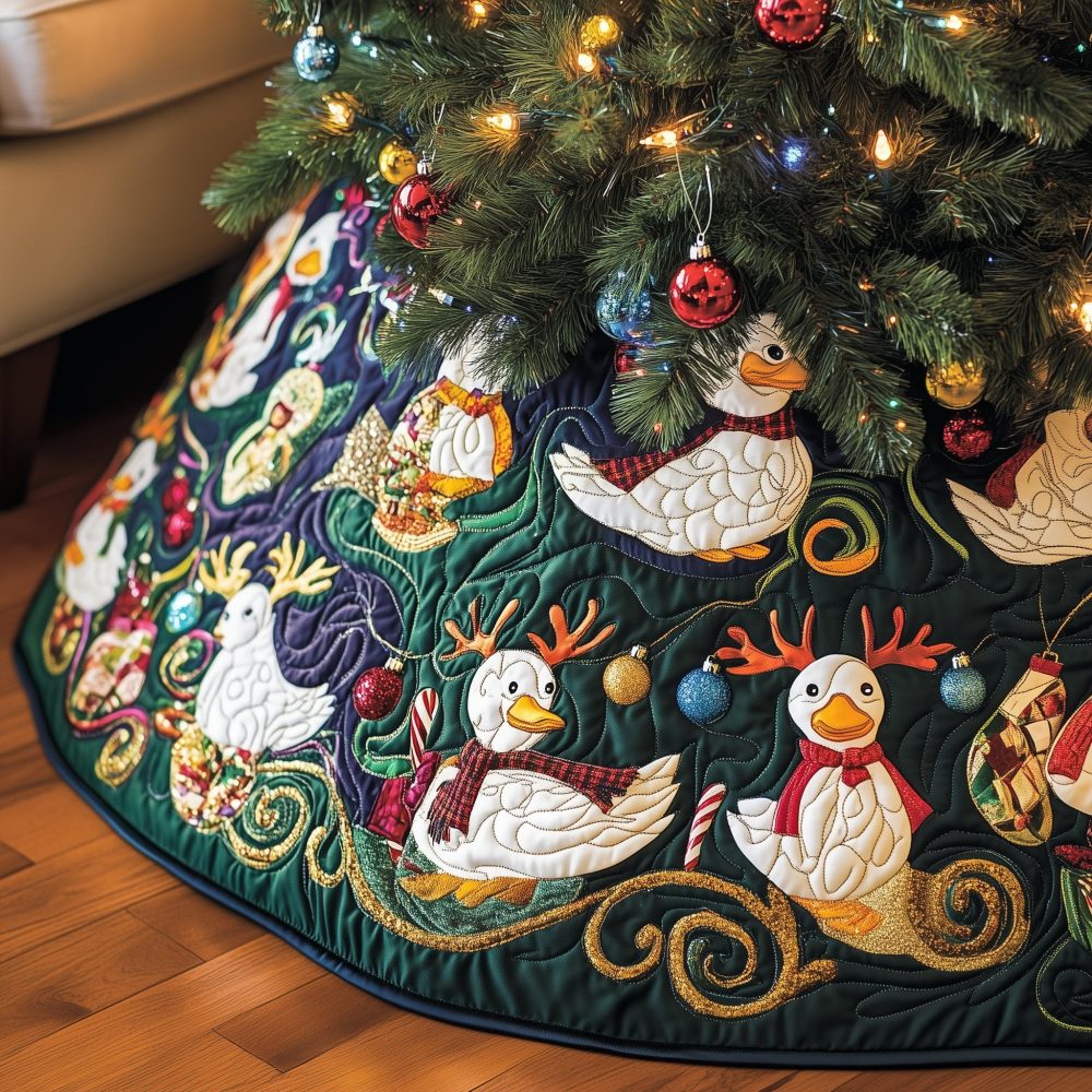 Midnight Geese In Antlers Holiday Tree Skirt — Custom Made Christmas Tree Skirt With Dark Backdrop And Whimsical Wildlife Design