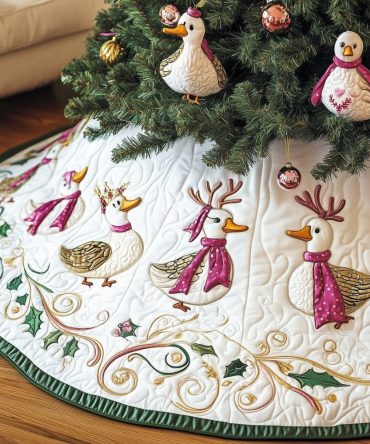 Cream Christmas Tree Skirt With Pink-Scarved Geese - Handcrafted Holiday Skirt, Custom-Made For Cozy Seasonal Style