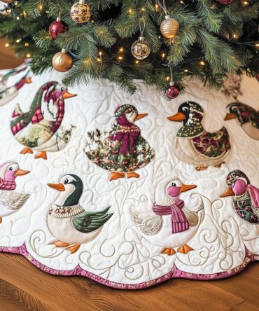 Floral-Feather Duck Christmas Tree Skirt With Scalloped Edge - Handcrafted Holiday Skirt, Custom-Made For Elegant Decor