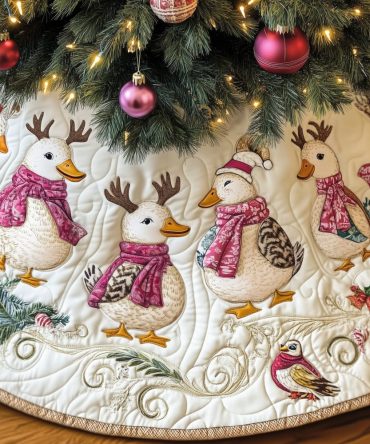 Whimsical Geese With Antlers & Pink Scarves Christmas Tree Skirt - Handcrafted Holiday Skirt, Customizable For Gifts